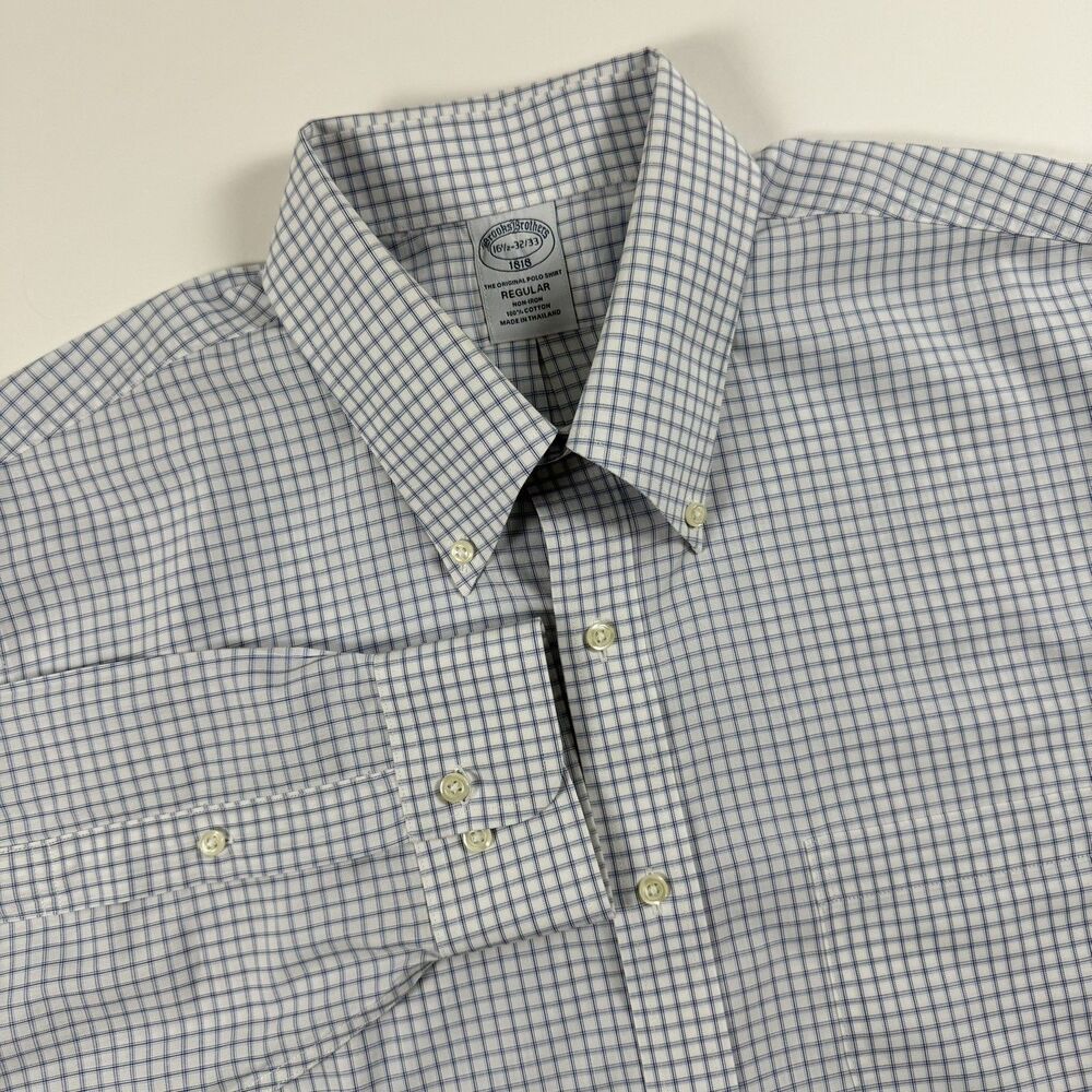 Brooks Brothers Original Polo Shirt Mens 16.5 Regular Blue White Check Non Iron